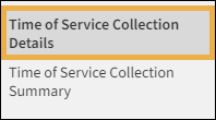 Reporting menu with a yellow highlight box around the Time of Service Collection Details report.